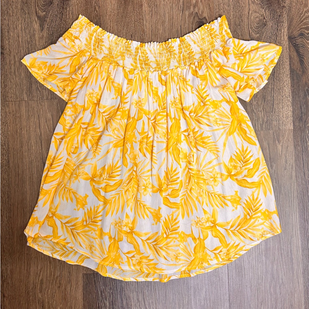 Hailey & Co Women’s Sz Large Off the Shoulders Yellow Floral Short Sleeve Blouse